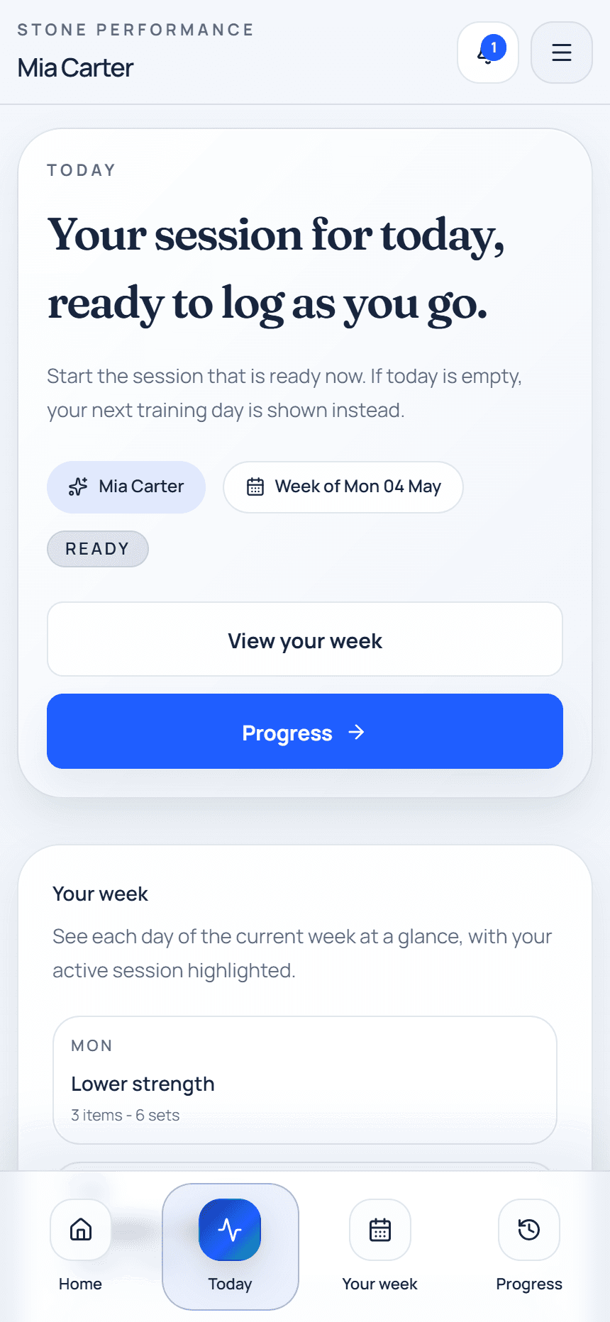 Gym Primer client view showing today's training session.